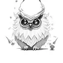 owlbear with wizard hat springing playing cards between its paws tattoo design idea