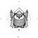 owlbear with wizard hat springing playing cards between its paws tattoo design idea