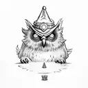 owlbear with wizard hat springing playing cards between its paws tattoo design idea