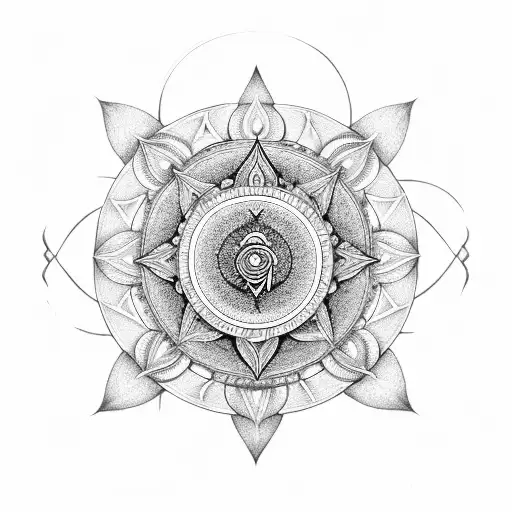 merging a Sudarshan Chakra, trident, and gada. Centered, the Sudarshan Chakra radiates with sharp edges  tattoo design idea
