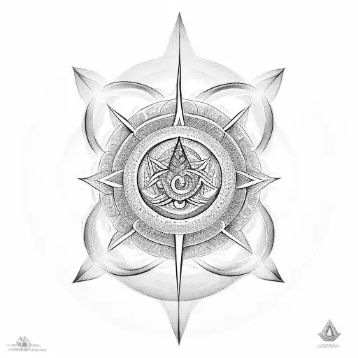 merging a Sudarshan Chakra, trident, and gada. Centered, the Sudarshan Chakra radiates with sharp edges  tattoo design idea
