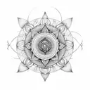 merging a Sudarshan Chakra, trident, and gada. Centered, the Sudarshan Chakra radiates with sharp edges  tattoo design idea