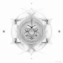 merging a Sudarshan Chakra, trident, and gada. Centered, the Sudarshan Chakra radiates with sharp edges  tattoo design idea