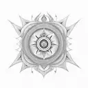 merging a Sudarshan Chakra, trident, and gada. Centered, the Sudarshan Chakra radiates with sharp edges  tattoo design idea