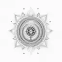 merging a Sudarshan Chakra, trident, and gada. Centered, the Sudarshan Chakra radiates with sharp edges  tattoo design idea
