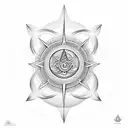 merging a Sudarshan Chakra, trident, and gada. Centered, the Sudarshan Chakra radiates with sharp edges  tattoo design idea