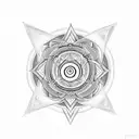 merging a Sudarshan Chakra, trident, and gada. Centered, the Sudarshan Chakra radiates with sharp edges  tattoo design idea