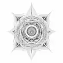 merging a Sudarshan Chakra, trident, and gada. Centered, the Sudarshan Chakra radiates with sharp edges  tattoo design idea