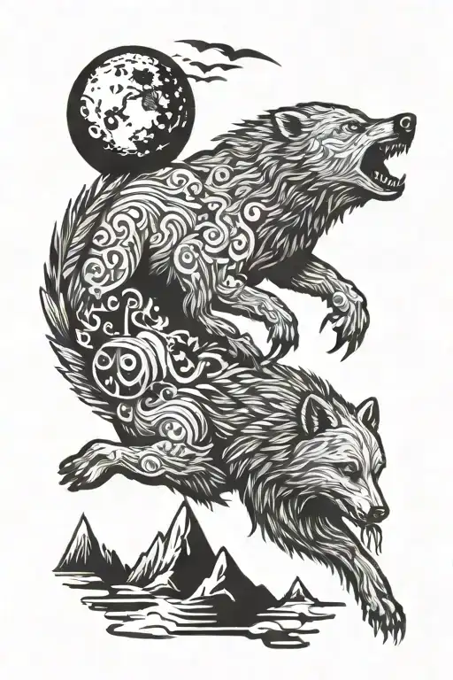 bear or wolf with crow flying with moon and tattoo design idea