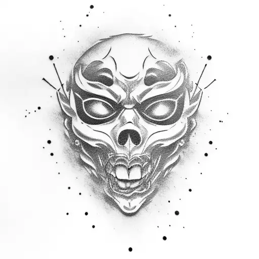shinigami mask with a quote "dolor sit tempus" next to it with a line  tattoo design idea