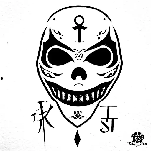 shinigami mask with a quote "dolor sit tempus" next to it with a line  tattoo design idea