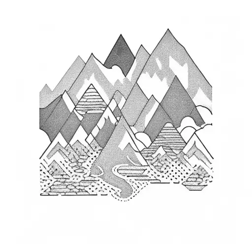 A blackwork tattoo of a majestic mountain range surrounded by lush greenery and a winding hiking trail tattoo design idea