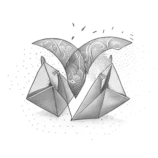 paper boat with two hearts within each other on wave tattoo design idea