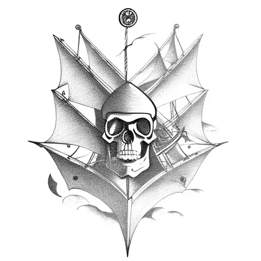 A majestic pirate boat sailing through a stormy sea with a skull and compass as the main focus tattoo design idea