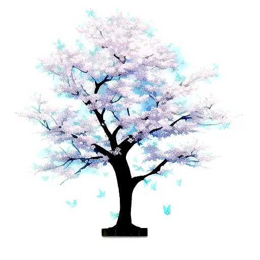 blue cherry blossom tree with blue butterflies for passing father tattoo design idea