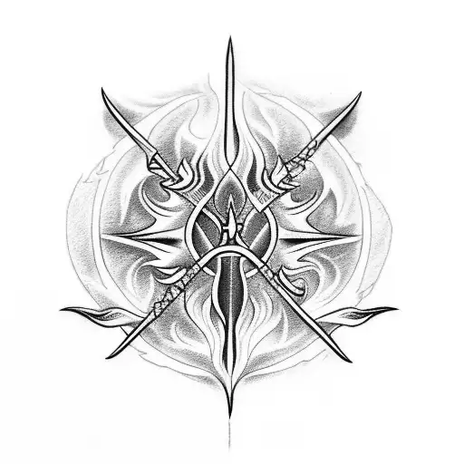 Create a tattoo of a trident surrounded by water and fire, representing the harmony between water and fire. tattoo design idea