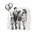 Family in black siluette Dad, Mom, 2 daughter and a boy holding a balloon with Autism colors tattoo design idea