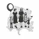 Family in black siluette Dad, Mom, 2 daughter and a boy holding a balloon with Autism colors tattoo design idea