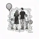 Family in black siluette Dad, Mom, 2 daughter and a boy holding a balloon with Autism colors tattoo design idea
