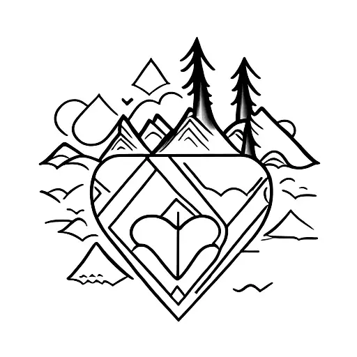 A minimalist design featuring a heart-shaped mountain symbolizing the power of love in overcoming anxiety tattoo design idea