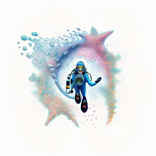 A diver exploring the depths of the ocean surrounded by vibrant marine life tattoo design idea