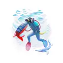 A diver exploring the depths of the ocean surrounded by vibrant marine life tattoo design idea