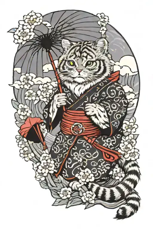 Pallas cat in kimono  holding umbrella on black and white wave background with sakuras leafs and tree  tattoo design idea