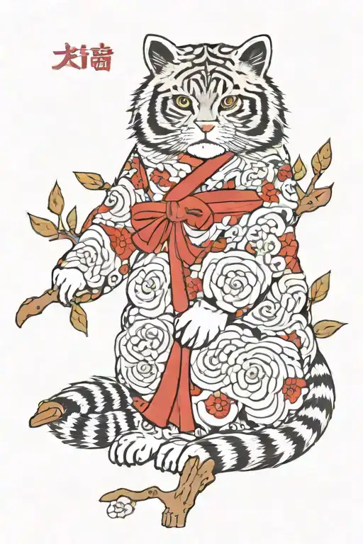 Pallas cat in kimono . behind there are black and white wave background with sakuras leafs and tree  tattoo design idea