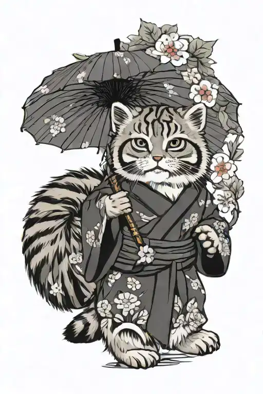 Pallas cat in kimono  holding umbrella. behind there are black and white wave background with sakuras leafs and tree  tattoo design idea