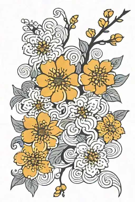 Background:  Black and white wavy pattern. Cherry blossom flowers of different sizes and shapes: choose two shapes and t tattoo design idea