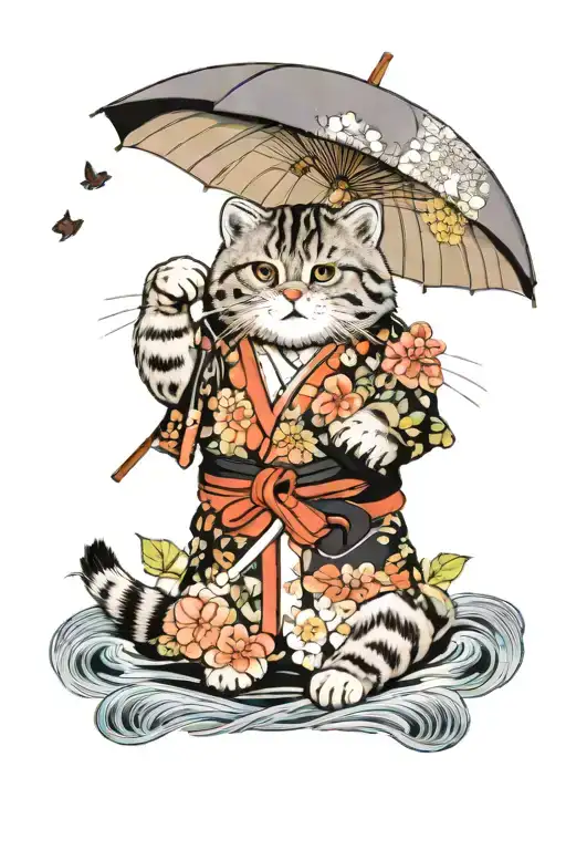 Pallas cat in kimono  holding umbrella on black and white wave background with sakuras leafs and tree  tattoo design idea