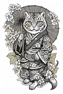 Pallas cat in kimono  holding umbrella on black and white wave background with sakuras leafs and tree  tattoo design idea