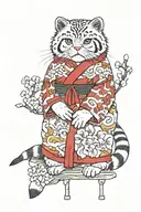 Pallas cat in kimono . behind there are black and white wave background with sakuras leafs and tree  tattoo design idea