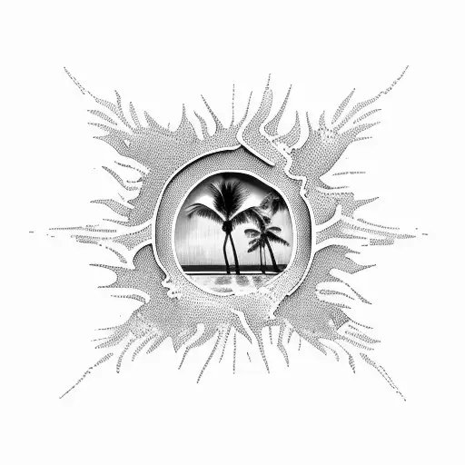 palm tree, sea, sunset in square frame tattoo design idea