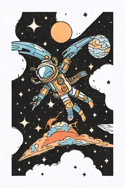 	•	Top of the Rectangle (Space Theme): 	•	A starry night sky fading from dark blues to black with watercolor splashes of tattoo design idea