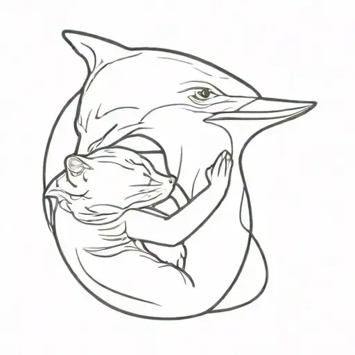 sketch of a cat that is hugging and kissing a dolphin on the cheek from a side profile. Make it sweet and sexy tattoo design idea