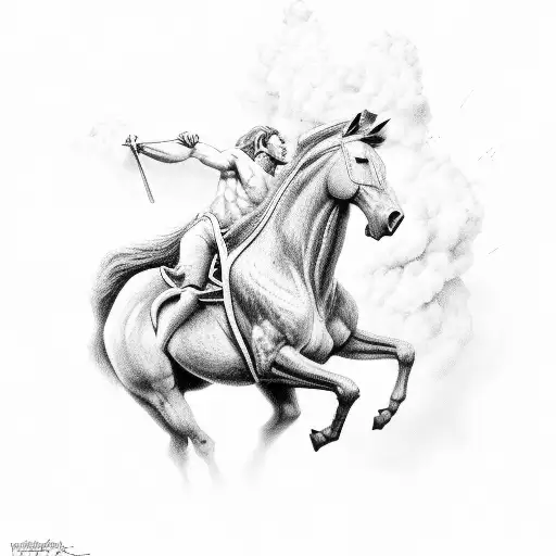 A half-horse, half-man centaur firefighter rescuing someone from a burning building tattoo design idea