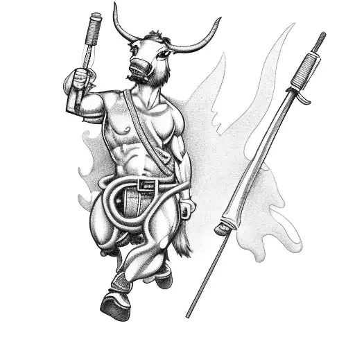 A centaur firefighter holding a fire axe in one hand and a fire extinguisher in the other tattoo design idea