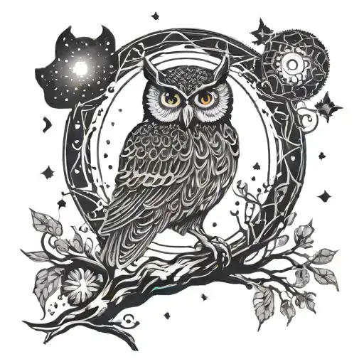 A mystical owl perched on a tree branch, surrounded by swirling galaxies and stars tattoo design idea