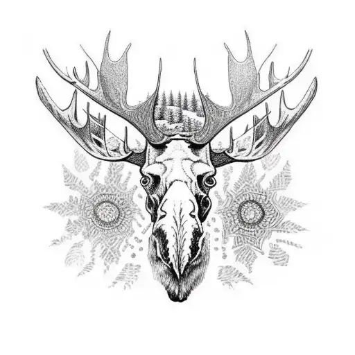 A moose skull with intricate dotwork details tattoo design idea