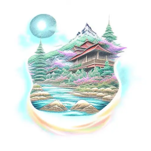 A serene landscape featuring a tranquil river flowing through an anime-inspired cityscape tattoo design idea