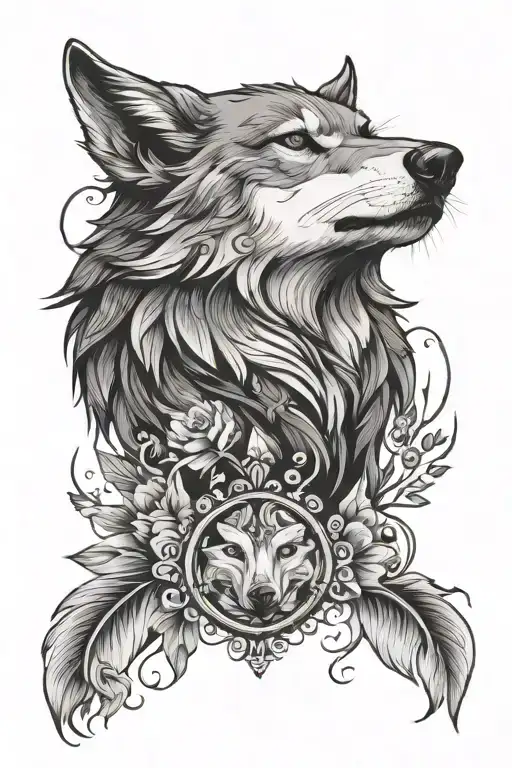 Incorporate a wolf and a bird in a tattoo design inspired by traditional art tattoo design idea