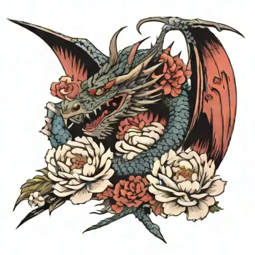 dragon and sword with peony tattoo design idea