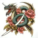 dragon and sword with peony tattoo design idea