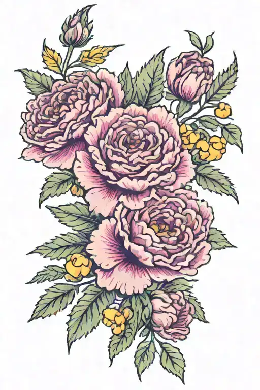 Large red carnation, yellow chysanthemum, purple larkspur, holly berry, carnation tattoo design idea