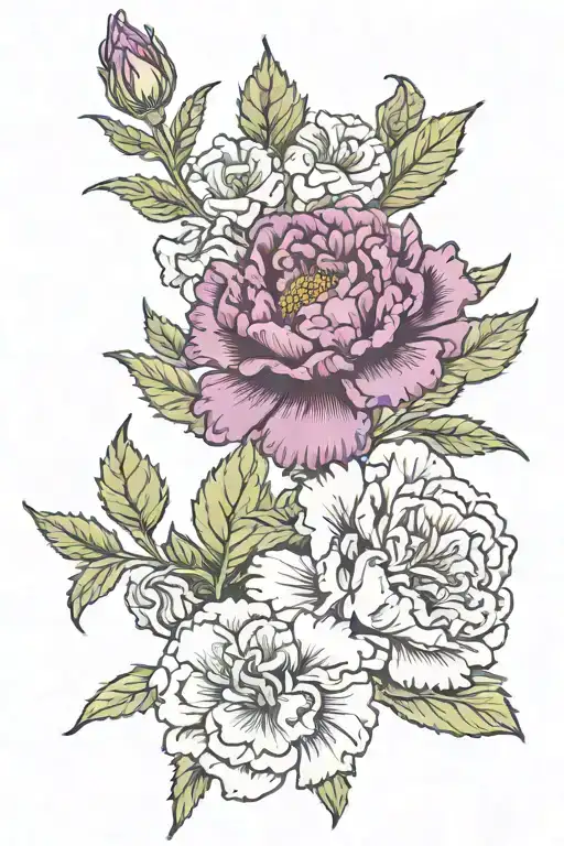  red carnation, yellow chysanthemum, purple larkspur, holly berry, carnation tattoo design idea