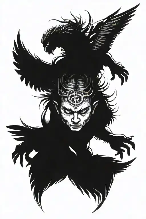 male angel with six wings and serious face made entirely tattoo design idea