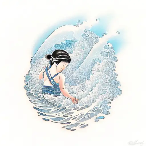 Angel mother and a child standing in the sea against a wave.  tattoo design idea