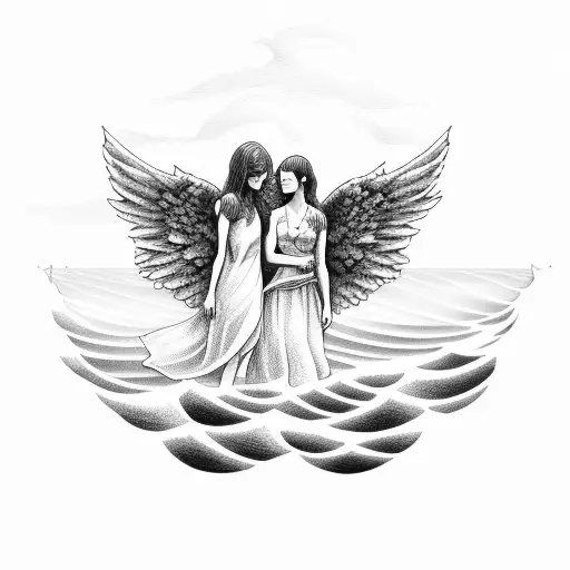 Angel mother and a child standing in the sea against a wave.  tattoo design idea