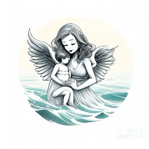 Angel mother and a child standing in the sea against a wave.  tattoo design idea